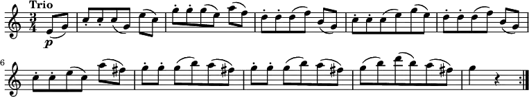 
\version "2.18.2"
\relative c'' {
  \key c \major
  \time 3/4
  \tempo "Trio "
  \tempo 4 = 136
  \partial 4 e,8 \p (g)
  c-. [c-. c (g)] e' [(c)]
  g'-. [g-. g (e)] a [(f)]
  d-. [d-. d (f)] b, [(g)]
  c-. c-. c (e) g (e) 
  d-. [d-. d (f)] b, [(g)]
  c-. [c-. e (c)] a' (fis)
  g-. [g-.] g (b) a (fis)
  g-. [g-.] g (b) a (fis)
  g (b) d (b) a (fis)
  g4 r \bar ":|."
}
