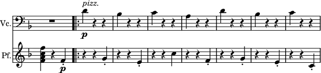 <<
\relative c' \new Staff
\with { instrumentName = "Vc." }
\with { \remove "Time_signature_engraver" }
{ \key f \major \time 3/4 \set Score.tempoHideNote = ##t \tempo "" 4=100 \clef bass
R2. \bar ".|:" d4^\markup \italic pizz. \p r r bes r r c r r a r r d r r bes r r c r r
}
\relative c'
\new Staff \with { instrumentName = "Pf." }
\with { \remove "Time_signature_engraver" }
{ \key f \major \time 3/4
<f' c a f>4 r f,-.\p \bar ".|:" r r g-. r r e-. r r c' r r f,-. r r g-. r r e-. r r c-.
}
>>