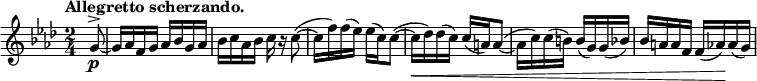\relative c'' {
\key f \minor \time 2/4 \set Score.tempoHideNote = ##t \tempo "Allegretto scherzando." 4=100 \partial 8
\override Score.NonMusicalPaperColumn #'line-break-permission = ##f
g8^> \p ~ g16 aes f g aes bes g aes bes c aes bes c r c8~ ( c16 f) f( es) es( c) c8~ (
c16\< des) des( c) c( a) a8~ ( a16 c) c( b) b( g) g( bes) bes a a f f( aes\! ) aes( g)
}