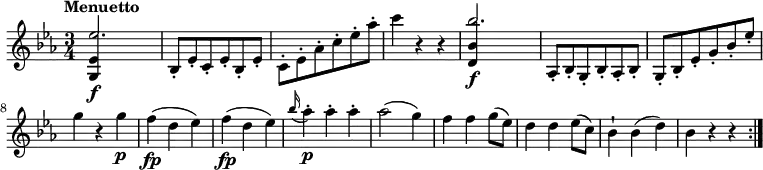 
\version "2.14.2"
 \relative c' {
         \clef "treble" 
         \tempo "Menuetto"
         \key ees \major
         \time 3/4 
         \tempo 4 = 145
     <<{<g ees'>4\f s2 } \\ { \stemUp ees''2.}>>
     bes,8-. ees-. c-. ees-. bes-. ees-.
    \stemDown  c-. ees-. aes-. c-. ees-. aes-.
     c4 r4 r4
     <<{<d,, bes'>4\f s2 } \\ { \stemUp bes''2.}>>
      \stemUp aes,,8-. bes-. g-. bes-. aes-. bes-.
    g-. bes-. ees-. g-. bes-. ees-.
    \stemDown g4 r4 g\p
     f\fp (d es)
     f\fp (d es)
    \grace bes'16 (aes4)-.\p aes-. aes-.
     aes2 (g4)
     f f g8 (ees)
     d4 d ees8 (c)
     bes4-! bes (d)
     bes r4 r4   \bar ":|."
 }
