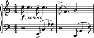 { \new PianoStaff <<
\new Staff = "RH" \relative c'' { \clef treble \key c \major \time 4/4 \numericTimeSignature
c8-\markup { \dynamic f \italic { , sonoro}}-- c4. b8-- c4. | b8->( f4.) g2 | }
\new Staff = "LH" \relative c { \clef bass \key c \major \time 4/4 \numericTimeSignature
r2 f,8->( c'4 aes'8) | r2 d,,8( b'4 f'8) | }
>> }