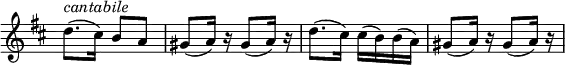 \relative c' \new Staff \with { \remove "Time_signature_engraver" } {
\key b \minor \time 2/4
d'8. ^\markup { \italic cantabile } ( cis16) b8 a gis( a16) r gis8( a16) r d8.( cis16) cis16( b) b( a) gis8( a16) r gis8 ( a16) r }