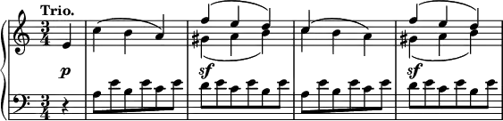\relative c' {
\new PianoStaff <<
\new Staff { \key a \minor \time 3/4 \tempo "Trio." \partial 4
<<
{ e4 \stemDown c'( b \stemUp a) f'( e d) c( \stemDown b a) \stemUp f'( e d) }
\\
{ s4 s2. gis,4( a b) c s2 gis4( a b) }
>>
}
\new Dynamics {
s4\p s2. s\sf s s\sf
}
\new Staff { \key a \minor \time 3/4 \clef bass
r4 a,8 e' b e c e d e c e b e a, e' b e c e d e c e b e
}
>>
}
