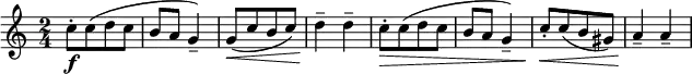 
\relative c'' {  \new Staff { \key c \major \time 2/4 \numericTimeSignature 
   [ c8-\f-. c( d c ] | b8 a g4--) | [ g8\<( c b c) ] | d4--\!  d--  |    
   [ c8-\>-. c( d c ] | b8 a g4--) | [ c8\<-. c( b gis) ] | a4--\!  a--  | }}
