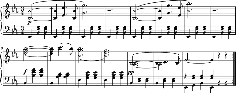 \relative b' {
\new PianoStaff <<
\new Staff { \key c \minor \time 3/4
\set Score.tempoHideNote = ##t
\tempo "" 2. = 64
{
{ <bes bes,>2.~( <bes bes,>4 <ees ees,>4. <bes bes,>8 <g' g,>2.) b,\rest <bes bes,>2.~( <bes bes,>4 <g' g,>4. <ees ees,>8 <bes' bes,>2.) b,\rest < bes' f d >2.~ < bes f d >4 c4.( bes8) \once \slurDown <bes g bes,>2.( <g ees bes>2.)}
<<
{\once \slurUp \once \tieUp bes,,2.~( bes4 c4. bes8) ees2.~ ees4 b'\rest b\rest \bar ":|."}
\new Voice
{\stemDown \tieDown
aes,2.~ aes2
}
>>
} }
\new Dynamics {
s2.\p s4 s4. s8 s2. s s2. s4 s4. s8 s2. s s2.\f s4 s4. s8 s2. s2. s2.\pp s2
}
\new Staff { \key c \minor \time 3/4 \clef bass
{ ees,4 <bes' ees g> <bes ees g> ees, <bes' ees g> <bes ees g> ees, <bes' ees g> <bes ees g> ees, <bes' ees g> <bes ees g> ees, <bes' ees g> <bes ees g> ees, <bes' ees g> <bes ees g> ees, <bes' ees g> <bes ees g> ees, <bes' ees g> <bes ees g> bes <bes' f' aes> <bes f' aes> bes, <aes' bes d> <aes bes d> ees <g bes ees> <g bes ees> ees <g bes ees> <g bes ees> bes, <d f> <d f> bes <d f> <d f>}
<<
{ r <g bes> <g bes> <g bes> b,\rest b\rest }
\\
{ees, g bes ees, }
>>
}
>>
}