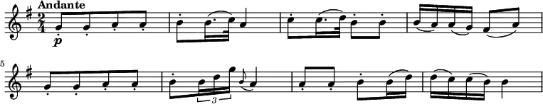 
\version "2.18.2"
\relative c'' {
  \key g \major
  \time 2/4
  \tempo "Andante "
  \tempo 4 = 56
  g8-.\p [g-. a-. a-.]
  b-. b16. (c32) a4
  c8-. c16. (d32) b8-. b-.
  b16 (a) a (g) fis8 (a)\break
  g-. [g-. a-. a-.]
  b-. \tuplet 3/2 {b16 d g} \grace b,8 (a4)
  a8-. a-. b-. b16 (d)
  d (c) c (b) b4
}
