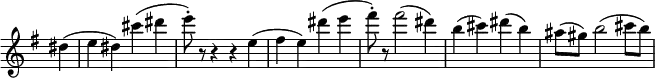 \relative c'' {
\new Staff \with { \remove "Time_signature_engraver" } { \key e \minor \time 4/4 \set Score.tempoHideNote = ##t \tempo "" 4=168 \partial 4
dis4( e dis) cis'( dis e8-.) r r4 r e,( fis e) dis'( e
fis8-.) r fis2( dis4) b( cis) dis( b) ais8( gis) b2( cis8 b)
}
}