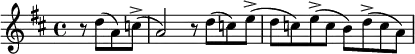 \relative c'' { \key d \major \time 4/4 \partial 2
r8 d( a) c->( | a2) r8 d( c) e->( | d c) e->( c b) d->( c a) | }