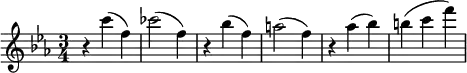 
 \relative c'' {
 \numericTimeSignature
 \time 3/4
 \key ees \major
   r c'( f,) | ces'2\> (f,4 ) |
   r bes( f) | a2( f4) |
   r aes( bes) | b( c f) |
}
