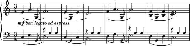 \relative c' {
\new PianoStaff <<
\new Staff { \key c \major \time 3/4
\relative c' {e4(_\markup {\center-align \dynamic mf \italic {ben legato ed espress.}} g4. g,8 f'2.) e4( g, e' d2.) f4( a4. g,8 g'2.) <f b,>4( g, <b f'> <e c>2.) }
}
\new Staff { \key c \major \time 3/4 \clef bass
\relative c {
<<
{s2. r4 g'4 g s2. r4 g g s2. r4 g g s2. r4 g g}
\\
{\stemNeutral c,4( e4. g,8 d'2.) c4( g c \once \stemDown b2.) d4( f4. g,8 e'2.) d4( g, d' \once \stemDown c2.)}
>>
}}
>>
}