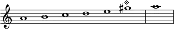 \relative c'' {
\new Staff \with { \remove "Time_signature_engraver" }
{ \key a \minor \time 1/1 \cadenzaOn a1 b c d e gis^\markup{※} \bar "|" a \bar"|"}
}