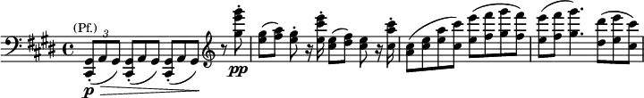 {\clef bass \time 4/4 \key cis \minor \relative c {\tuplet 3/2 4 {<gis-. cis,>8(\p\>^\markup{\center-align \smaller (Pf.)} a gis) \omit TupletNumber <gis-. cis,>8( a gis) <gis-. cis,>8( a gis)\! } \clef treble r8 <gis''' e' gis>-.\pp <gis e>([ <a fis>)] <gis e>-. r16 <e cis' e>-. <e cis>8([ <fis dis>)] <e cis> r16 <cis a' cis>-. <cis a>8( <e cis> <a e> <cis cis,>) <e e,>( <fis fis,> <gis gis,> <fis fis,>) <e e,>( <fis fis,> <gis gis,>4.) <dis dis,>8( <e e, > <cis cis,>) }}