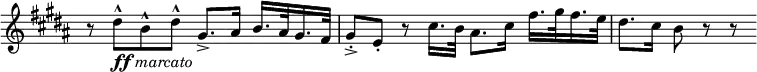 \relative c'' \new Staff \with { \remove "Time_signature_engraver" } {
\set Score.tempoHideNote = ##t \tempo "" 4=56 \key gis \minor \time 4/4
r8 dis-^ _\markup { \dynamic ff \italic marcato } b-^ dis-^ gis,8.-> ais16 b16. ais32 gis16. fis32
gis8-. -> e-. r cis'16. b32 ais8. cis16 fis16. gis32 fis16. e32
dis8. cis16 b8 r r
}