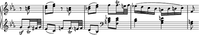
 \relative c' {
  \new PianoStaff <<
   \new Staff \with { \remove "Time_signature_engraver" } { \key es \major \time 2/4 \partial 4
    \override Score.NonMusicalPaperColumn #'line-break-permission = ##f
    r8 <d' b> <es c>( <g es>) r <c, a> <d bes!>( <f d>) f f16.\trill e64 f
    es!16( d c bes a bes b c) f,8
   }
   \new Staff \with { \remove "Time_signature_engraver" } { \key es \major \time 2/4
    g8_\sf g16._\trill fis64 g es8( c) f! f16._\trill e64 f d8( bes) \clef bass <es! c a> <es c f,>
    <d bes>4 <e bes g> <a, f>8
   }
  >>
 }
