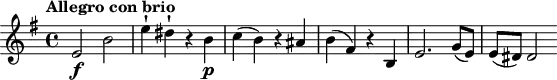
 \version "2.18.2"
 \header {
  tagline = ##f
}
\score {
  \new Staff \with {

  }
<<
  \relative c'' {
    \key g \major
    \time 4/4
    \tempo "Allegro con brio"
    \tempo 4 = 128
    \override TupletBracket #'bracket-visibility = ##f 
    \autoBeamOff

     %%%%%%%%%%%%%%%%%%%%%%%%%% Hob:16,44
     e,2\f b' e4-! dis-! r4 b\p c( b) r4 ais b( fis) r4 b, e2. g8[( e)] e[( dis)] dis2
  }
>>
  \layout {
    \context {
      \remove "Metronome_mark_engraver"
    }
  }
  \midi {}
}
