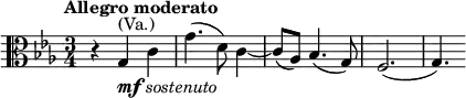  \relative g { \clef alto \key c \minor \time 3/4 \tempo "Allegro moderato" r4 g^\markup { (Va.)}_\markup { \dynamic mf \italic { sostenuto } } c | g'4.( d8) c4~ | c8( as) bes4.( g8) | f2.( | g4.) }