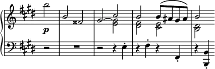 \relative c' {
\new PianoStaff <<
\new Staff \with { \remove "Time_signature_engraver" } { \key e \major \time 2/2 \partial 2
<<
{ \stemDown b''2( \stemUp b, fisis gis~ \stemDown <gis e> <fis dis> <e cis> <dis b> }
\\
{ s2 s1 s2 \stemUp cis' b b8^\( ais gis ais\) b2 }
>>
}
\new Dynamics {
s2\p
}
\new Staff \with { \remove "Time_signature_engraver" } { \key e \major \time 2/2 \clef bass
r2 R2*2 r2 r4 e,,-. r fis-. r fis,-. r <b b,>-.
}
>>
}
