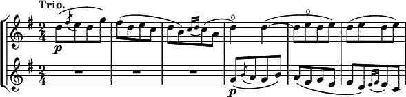 
\new StaffGroup <<
 \new Staff { \relative c'' { \key g \major \time 2/4 \tempo "Trio."
  d8\p( [ \acciaccatura fis e d g] ) fis( [ d e c] d[ b) \appoggiatura { c16 d } c8( a] d4\open ) d( ~ d8[ e\open d e] ) d( [ e d e] )
 } }
 \new Staff { \relative c'' { \key g \major \time 2/4
  R2 R R g8\p ( [ \acciaccatura b a g b] ) a( [ fis g e] fis[ d) \appoggiatura { e16 fis } e8 c]
   } }
>>
