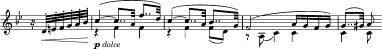 
 \relative c' {
  \new PianoStaff <<
   \new Staff \with { \remove "Time_signature_engraver" } { \key bes \major \time 3/4 \partial 4
    <<
     {
      b'16\rest d,32-. e-. f-. g-. a-. bes-. c4~( c8.. a32 f'8.. d32) c4~( c8.. a32 bes8.. g32)
      f2( a16 g f g) g8..( gis32) a8
     }
    \\
     { s4 r f f r f f8( d) r a( c4) c c c8 }
    >>
   }
   \new Dynamics {
    s16 s16\< s8 s4\! _\markup { \dynamic p \italic dolce }
   }
  >>
 }
