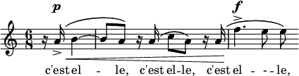 
\relative b' { \time 6/8 \partial 4. 
   r16 a16->^\p\<\( b4~ | b8 a8\) r16 a16\( c8 a8\) r16 a16\( | f'4. ->^\f e8 e8\) }
   \addlyrics { c'est el -- le,  c'est el -- le, c'est el -- - -- le, }
