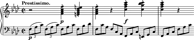 
 \relative c' {
  \new PianoStaff <<
   \new Staff { \key f \minor \time 2/2 \tempo "Prestissimo."
    r2 <f' c aes f>4-. <e des bes g e>-.
    <f c aes f>-. r  <c' aes f c>-. <c bes g c,>-. <c aes f c>-. r
   }
   \new Dynamics {
    s2 s\p s s\f
   }
   \new Staff { \key f \minor \time 2/2 \clef bass
    \times 2/3 { f,,,8_\p[( aes c)] } \times 2/3 { f,( aes c) } f,8*2/3[ aes c] f, bes des
    f,[ c' aes] f c aes f[ aes c] e, g c f,[ aes c] f aes c
   }
  >>
 }
