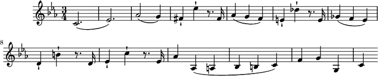 \version "2.18.2"
\header {
tagline = ##f
}
\score {
\new Staff \with {
}
<<
\relative c' {
\key c \minor
\time 3/4
\tempo 4 = 135
\override TupletBracket #'bracket-visibility = ##f
%%Mozart — Concerto 24, mvt 1, th. 1
c2.( ees2.) aes2( g4) fis-! ees'-! r8. fis,16 aes4( g f) e-! des'-! r8. e,16 ges4( f ees) \break
d-! b'-! r8. d,16 ees4-! c'-! r8. ees,16 aes4 aes,4( a bes b c) f g g, c
}
>>
\layout {
\context { \Score \remove "Metronome_mark_engraver" }
}
\midi {}
}