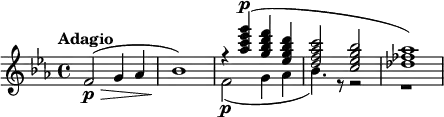 \relative c' {
\key ees \major
\time 4/4
\tempo "Adagio"
\tempo 4 = 66
f2\p\> ( g4 aes
bes1 )\!
<<
\relative { r4 < aes'' c ees g >^\p ( < g bes d f > < ees g bes d > < d f aes c >2 < c ees g bes > < des fes aes >1 ) }
\\
\relative { f'2\p ( g4 aes bes4. ) r8 r2 r1 }
>>
}