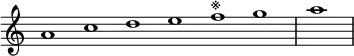 \relative c'' {
\new Staff \with { \remove "Time_signature_engraver" }
{ \key a \minor \time 1/1 \cadenzaOn a1 c d e f^\markup{※} g \bar "|" a \bar"|"}
}