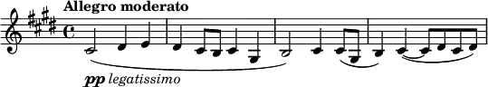 \relative c' \new Staff {
\key cis \minor \time 4/4 \tempo "Allegro moderato"
cis2_\markup { \dynamic pp \italic legatissimo }( dis4 e
dis cis8 b cis4 gis b2) cis4 cis8( gis b4) cis~ ( cis8 dis cis dis)
}