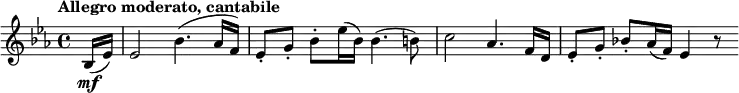 \version "2.18.2"
\relative c'' {\set Staff.midiInstrument = #"violin"
\key es \major
\time 4/4
\tempo "Allegro moderato, cantabile"
\tempo 4 = 96
\partial 8 bes,16\mf (es)
es2 bes'4. (aes16 f)
es8-. g-. bes-. es16 (bes) bes4. (b8)
c2 aes4. f16 d
es8-. g-. bes!-. aes16 (f) es4 r8
}