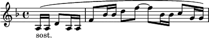 \relative c' { \key d \minor \partial 4. a16-"sost."( a d8 a16 a | f'8 bes16 bes d8 f~ f bes,16 bes c8 g16 g ) }