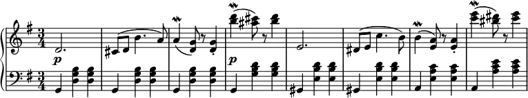 \relative b' {
\new PianoStaff <<
\new Staff { \key e \minor \time 3/4
\set Score.tempoHideNote = ##t
\tempo "" 2. = 64
<<
{
d,2. cis8( d b'4. a8) a4\mordent( <d, g>8) r <d g>4-. <b'' d>4\mordent( <ais cis>8) r <b d>4 e,,2. dis8( e c'4. b8) b4\mordent( <e, a>8) r <e a>4-. <c'' e>4\mordent( <bis dis>8) r <c e>4
}
>>
}
\new Dynamics {
s2.\p s8 s s4. s8 s4 s8 s s4 s4\p
}
\new Staff { \key e \minor \time 3/4 \clef bass
g,,, <d' g b> <d g b> g, <d' g b> <d g b> g, <d' g b> <d g b> g, <g' b d> <g b d> gis, <e' b' d> <e b' d> gis, <e' b' d> <e b' d> a, <e' a c> <e a c> a, <a' c e> <a c e>
}
>>
}