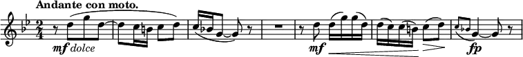 
\relative c'' {
 \key g \minor \time 2/4 \set Score.tempoHideNote = ##t \tempo "Andante con moto." 4=63
 r8_\markup { \dynamic mf \italic dolce } d( [ g d] ~ d c16 b c8 d) c16( bes! g8~ g) r R2
 r8 d'\mf d16\< ( g) g( d) d( c) c( b\! ) c8\> ( d\!) \acciaccatura { c bes! } g4\fp ~ g8 r
}
