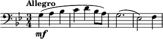  \relative f { \clef bass \key g \minor \time 3/4 \tempo "Allegro" g\mf (a bes | c d bes8 a) | g2.( es2) f4 }