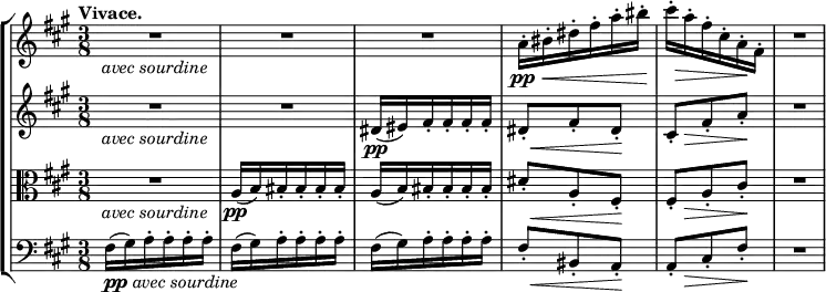 \new StaffGroup <<
\new Staff { \relative c' { \key fis \minor \time 3/8 \tempo "Vivace."
R2*3/4*3_\markup{ \italic {avec sourdine} }
a'16-.\pp \< bis-. dis-. fis-. a-. << bis-. { s32 s\! } >> << cis16-. { s32 s\> } >> a16-. fis-. cis-. a-.\! fis-. R2*3/4 } }
\new Staff { \relative c' { \key fis \minor \time 3/8
R2*3/4*2_\markup{ \italic {avec sourdine} } dis16\pp( eis) fis-. fis-. fis-. fis-.
<< dis8-. {s32 s16.\<} >> fis8-. << dis-. { s16\! s } >> << cis8-. { s16 s\> } >> fis8-. a-.\! R2*3/4 } }
\new Staff { \relative c' { \key fis \minor \time 3/8 \clef C
R2*3/4_\markup{ \italic {avec sourdine} } a16\pp( b) bis-. bis-. bis-. bis-. a( b) bis-. bis-. bis-. bis-.
<< dis8-. {s32 s16.\<} >> a8-. << fis-. { s16\! s } >> << fis8-. { s16 s\> } >> a8-. cis-.\! R2*3/4 } }
\new Staff { \relative c' { \key fis \minor \time 3/8 \clef bass
fis,16_\markup{ \dynamic pp \italic {avec sourdine} }( gis) a-. a-. a-. a-. fis( gis) a-. a-. a-. a-. fis( gis) a-. a-. a-. a-.
<< fis8-. {s32 s16.\<} >> bis,8-. << a-.{ s16\! s } >> << a8-. { s16 s\> } >> cis8-. fis-.\! R2*3/4 } }
>>