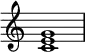 {
\override Score.TimeSignature #'stencil = ##f
\relative c' {
\clef treble
\time 4/4
\key c \major
<c e g>1
}
}