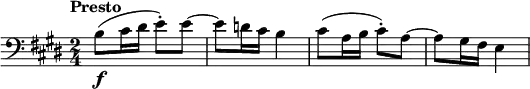 \relative c' {
\key e \major
\time 2/4
\tempo "Presto"
\clef "bass"
b8(\f cis16 dis e8-.) e~ | e d16 cis b4 | cis8( a16 b cis8-.) a~ | a gis16 fis e4 |
}