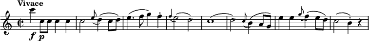 \version "2.18.2"
\relative c'' {
\key c \major
\time 2/2
\tempo "Vivace "
\tempo 4 = 260
c'4 \f c,8 \p c c4 c
c2 \grace e8 (d4) (c8 d)
e4. (f8 g4) f-.
\grace f4 (e2) (d)
c1
(d2) \grace c8 (b4) (a8 g)
e'4 e \grace g8 (f4) (e8 d)
c2 (b4-.) r
}