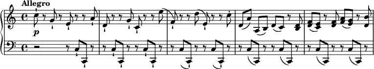 
 \relative c' {
  \new PianoStaff <<
   \new Staff { \key c \major \time 4/4 \tempo "Allegro"
    {
    c'8-! r g-! r e-! r r a-! d,-! r r g-! c,-! r r e' (f,)-! r r d' (e,)-! r r c'-. d, [(a')] a, [(b)] d (c) r <d b> <f d> (<e c>) r <d f> <a' f> (<g e>) r <d b'>
    }
   }
   \new Dynamics {
    s1\p
   }
   \new Staff { \key c \major \time 4/4 \clef bass
    r2 r8 c,-! c,-! r r c'-! c,-! r r c'-! c,-! r r c' (c,)-! r r c' (c,)-! r r c' (c,) r r c' (c,) r r c' (c,) r r c' (c,) r
     }
     >>
    }
