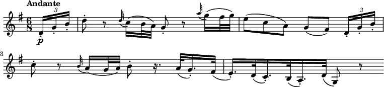 
\version "2.18.2"
\relative c'' {
  \key g \major
  \time 6/8
  \tempo "Andante "
  \tempo 4 = 54
  \partial 8 \tuplet 3/2 {d,16-.\p g-. b-. }
  d8-. r \grace d32 (c16) (b32 a) g8-. r \grace a'32 (g16) (fis32 g)
  e8 (c a) g [(fis)] \tuplet 3/2 {d16-. g-. b-. }
  c8-. r \grace b32 (a16) (g32 a) b8-. r16. a32 (g16.-.) fis32 
  (e16.-.) d32 (c16.-.) b32 (a16.-.) d32 (g,8) r
}
