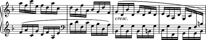 \relative c' {
\new PianoStaff <<
\new Staff = "up" \with { \remove "Time_signature_engraver" } { \key f \major \time 2/4
a''16 f c' e, f d a' c, d bes f' a, bes g d' f, g\cresc ^\( d\! bes' d, g d f d e c a d g, c \change Staff = "down" f, b\)
}
\new Staff = "down" \with { \remove "Time_signature_engraver" } { \key f \major \time 2/4
f'16( a c, g' d f a, e' \clef bass \stemDown bes d f, c' g bes d, a') bes, g' bes, g' bes, g' b, g' c, g' f, f' g, e' g, bes
}
>>
}