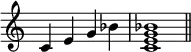 {\omit Staff.TimeSignature \time 4/4 c'4e'g'bes' \time 4/4 <c'e'g'bes'>1 \bar "||"}