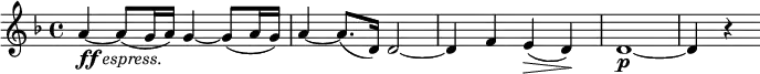 \relative g' { \key d \minor \time 4/4 a4_\markup { \dynamic ff \italic { espress. } }~ a8(g16 a) g4~ g8(a16 g) | a4~ a8.(d,16) d2~ | d4 f e\>(d\!) | d1\p~ | d4 r4 }