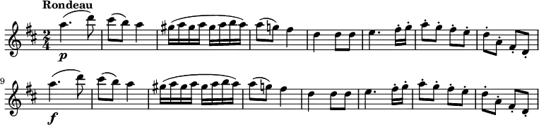 \relative c'' {
\version "2.18.2"
\key d \major
\tempo "Rondeau"
\tempo 4 = 110
\time 2/4
a'4. \p (d8)
cis (b) a4
gis16 (a gis a gis a b a)
a8 (g!) fis4
d d8 d
e4. fis16-. g-.
a8-. g-. fis-. e-.
d-. a-. fis-. d-.
a''4. \f (d8)
cis (b) a4
gis16 (a gis a gis a b a)
a8 (g!) fis4
d d8 d
e4. fis16-. g-.
a8-. g-. fis-. e-.
d-. a-. fis-. d-.
}
