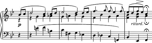 \relative c' {
\new PianoStaff <<
\new Staff \with { \remove "Time_signature_engraver" } { \key bes \major \time 2/2 \partial 4
<<
{ bes'8\p( c d2 c4) c8( d es2 d4) d8( es f4. g8 f es4 f8) es( d_\markup \italic ritard. f^\> es\!) c4\fermata }
\\
{ r4 r g a aes g a! bes g f bes g a <bes f> <c g> a \fermata }
>>
}
\new Staff \with { \remove "Time_signature_engraver" } { \key bes \major \time 2/2 \clef bass \partial 4
r4 r e( f b, c fis, g es! d des c f,!) bes es, f\fermata
}
>>
}