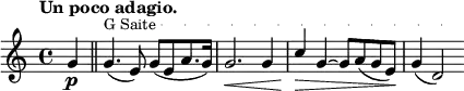 
\relative c'' {
 \key c \major \time 4/4 \set Score.tempoHideNote = ##t \tempo "Un poco adagio." 4=60 \partial 4
 << { g4\p \bar "||" g4._( e8) g8_( [ e a8. g16] ) g2._\< g4 c4\> g~ g8 a_( g e\! ) g4_( d2\! ) }
  \\
  {
  \set crescendoText = \markup { \upright \small { G Saite } }
  \set crescendoSpanner = #'text
  \override DynamicTextSpanner.style = #'dotted-line
  s4 s1^\< s s s2 s4\!
  }
 >>
}
