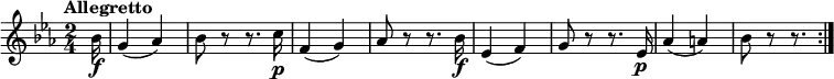 \relative bes' {\set Staff.midiInstrument = #"violin"
\key es \major \time 2/4
\tempo "Allegretto"
\tempo 4 = 100
\partial 16 bes16 \f
g4( as) | bes8 r r8. c16 \p
f,4( g) | as8 r r8. bes16 \f
es,4( f) | g8 r r8. es16 \p
as4( a) | bes8 r r8. \bar ":|."
}