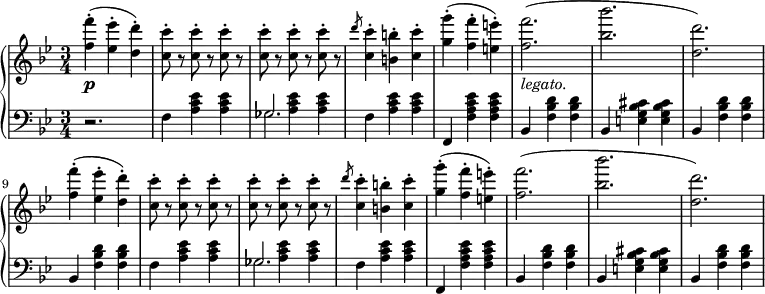 \relative b' {
\new PianoStaff <<
\new Staff { \key g \minor \time 3/4
\set Score.tempoHideNote = ##t
\tempo "" 2. = 64
<f' f'>-.( <ees ees'>-. <d d'>-.) <c c'>8-. r <c c'>8-. r <c c'>8-. r <c c'>8-. r <c c'>8-. r <c c'>8-. r \slashedGrace d'8 <c, c'>4-. <b b'>4-. <c c'>4-. <g' g'>-.( <f f'>-. <e e'>-.) <f f'>2._\markup { \italic legato. }( <bes bes'> <d, d'>) <f f'>4-.( <ees ees'>-. <d d'>-.) <c c'>8-. r <c c'>8-. r <c c'>8-. r <c c'>8-. r <c c'>8-. r <c c'>8-. r \slashedGrace d'8 <c, c'>4-. <b b'>4-. <c c'>4-. <g' g'>-.( <f f'>-. <e e'>-.) <f f'>2.( <bes bes'>2. <d d,>2.)
}
\new Dynamics {
s\p
}
\new Staff { \key g \minor \time 3/4 \clef bass
{ r2. f,,,4 <a c ees> <a c ees> }
<<
{ges2.}
\\
{\once \hide NoteHead \override NoteColumn.force-hshift = #0.5 ges4 <a c ees>4 <a c ees> }
>>
{f <a c ees> <a c ees> f, <f' a c ees> <f a c ees> bes, <f' bes d> <f bes d> bes, <e g bes cis> <e g bes cis> bes <f' bes d> <f bes d> bes, <f' bes d> <f bes d> f <a c ees> <a c ees>}
<<
{ges2.}
\\
{\once \hide NoteHead \override NoteColumn.force-hshift = #0.5 ges4 <a c ees>4 <a c ees> }
>>
{ f <a c ees> <a c ees> f, <f' a c ees> <f a c ees> bes, <f' bes d> <f bes d> bes, <e g bes cis> <e g bes cis> bes <f' bes d> <f bes d>
}}
>>
}