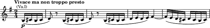 \relative c'{\time 2/4 \key g \major \tempo "Vivace ma non troppo presto" \partial4 b16\p(^\markup{\center-align \smaller (Va.I)} cis b cis d8) r b16( cis b cis d8) r b16( cis b cis d e d e) fis4~ fis16( e d cis d cis b cis)}
