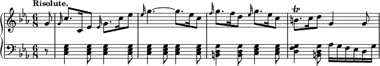 \relative c'' {
\new PianoStaff <<
\new Staff {
\key c \minor \time 6/8 \set Score.tempoHideNote = ##t \tempo "Risolute." 4=84 \partial 8
g8 \grace g32 c8. c,16 es8 \grace es32 g8. c16 es8
\grace es32 g4.~ g8. es16 c8 \grace f32 g8. f16 d8 \grace es32 g8. es16 c8
b8.\trill c16 d8 g,4 g8
}
\new Staff { \key c \minor \time 6/8 \clef bass
r8 <g, es c>4 q8 q4 q8 q4 q8 q4 q8 <g d b>4 q8 <g es c>4 q8
<g f d>4 <g d b>8 aes16 g f es d g
}
>>
}